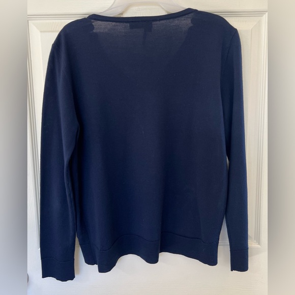 The Kooples Merino Wool Sweater Navy V-Neck Zip Shoulder Leather Trim Parisian - Picture 2 of 3